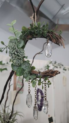 a plant hanging from a tree branch with crystal beads and greenery on the branches