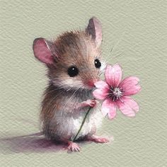 a painting of a mouse holding a pink flower