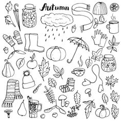 autumn doodles and icons set in black and white