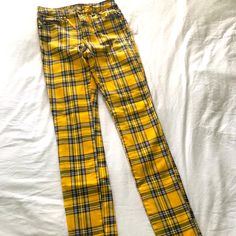 Never Worn, Washed Once. Dang Goodman Tripp Pants In Yellow / Grey/ Blue And Red Plaid. Size 26/3 Fitted Plaid Cotton Pants, Plaid Straight Leg Cotton Pants, Plaid Stretch Cotton Bottoms, Stretch Plaid Cotton Bottoms, Plaid Cotton Straight Leg Pants, Fitted Plaid Cotton Bottoms, Yellow Stretch Pants With Pockets, Stretch Yellow Pants With Pockets, Yellow Stretch Cotton Bottoms