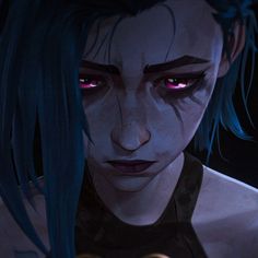 an evil looking woman with blue hair and red eyes