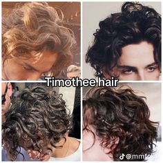 four pictures of different styles of curly hair with the words timothhe hair above them