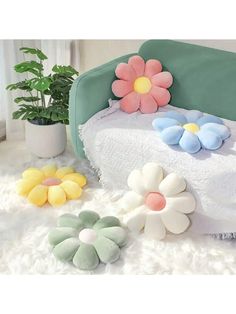 [PROPER SIZE]
You will receive 3 decorative pillows in different colors, 
The size is about 14 inches/36 cm, which can meet your daily needs, The size is suitable for people to sit as cushions, hold as pillows, and they do not take up too much space when not in use.

[RELIABLE MATERIAL]
Our flower chair cushion is made from short plush and velvet material, so they are soft and fluffy, tightly stitched, and comfortable to sit on for hours on end; Before using, please take it out and place it stil Daisy Pillow, Daisy Pillows, Sunflower Throw Pillows, Pillow Flower, Sunflower Pillow, Daisy Petals, Office Mat, Hug Pillow, Pillows Flowers