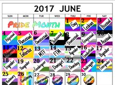 a calendar with different colors and numbers for the month of june, including days to go