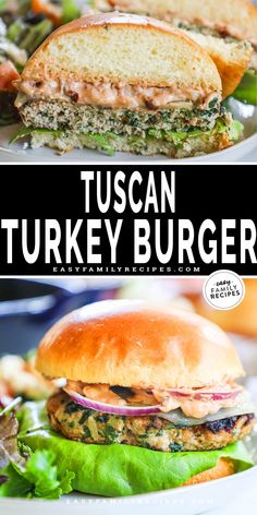 two pictures of turkey burgers with lettuce and tomato