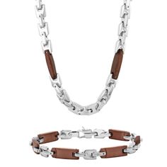 Stainless steel brown ion plated tag 24-inch necklace & 9-inch bracelet set. Brown Metal Chain Jewelry, Brown Rectangular Metal Jewelry, Rectangular Brown Metal Jewelry, Necklace And Bracelet Set, Necklace And Bracelet, Stainless Steel Material, Tag Necklace, Bracelet Set, Jewelry Set