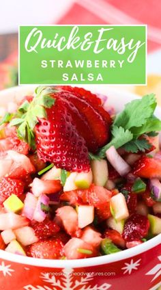 quick and easy strawberry salsa in a red bowl