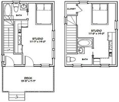 the floor plan for a two story house with an attached bathroom and living room area