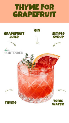 Thyme for Grapefruit Drinks With Thyme, Thyme Cocktail Recipes, Thyme Gin Cocktail, Grapefruit Thyme Mocktail, Grapefruit Bourbon Cocktail, Grapefruit Gin Cocktail, Vodka Gummy Bears, Drink Syrups