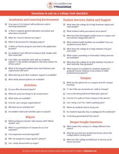 an orange and white checklist with the text questions to ask on college year student