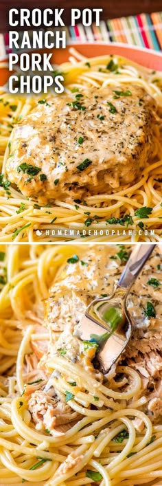 two pictures of chicken parmesan and pasta on a plate with the words crock pot pork chops