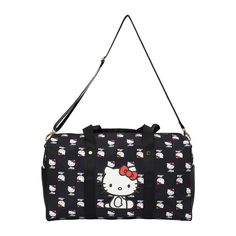 Travel in style with the Hello Kitty AOP in Nylon with PU Accents Duffle. This officially licensed duffle bag, measuring 46cm x 30cm x 23cm, is a must-have for Hello Kitty enthusiasts of all ages. Featuring a detachable shoulder strap, it offers versatile carrying options, allowing you to choose the most comfortable way to transport your belongings. The duffle boasts a spacious interior with a large packing capacity, ensuring you have ample room for your travel essentials. Crafted from durable n Kitty Room, Hello Kitty Bags, Hello Kitty Bag, Black Wheels, Pretty Bags, Travel Tote, Overnight Bag, Dream Bedroom, Pouch Bag