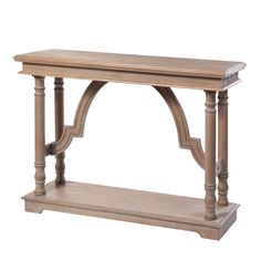 a wooden table with an arched top and shelf on one side, against a white background