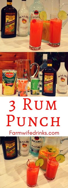 3 rum punch cocktails on a bar with orange juice