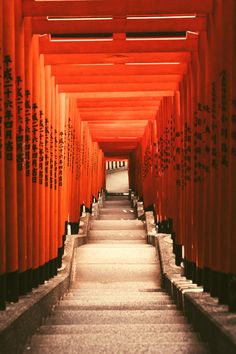 the stairs are lined with red and black columns