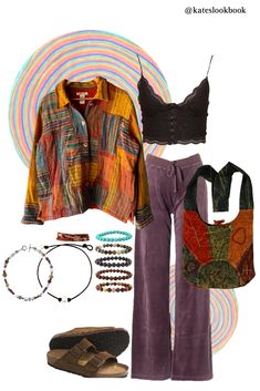 Hippy Indie Outfits, 90s Hippy Fashion, Earthy Outfits Aesthetic Summer, Psychadelic Outfits Aesthetic, Hippie Earthy Outfits, Bright Grunge Outfits, Hippie Hiking Outfit, Hippie Autumn Outfit, Masculine Hippie Outfits