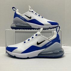 Nike Air Max 270 Golf Shoe Blue White Ck6483-106 Brand New With Box Men's Size 13 Blue Nike Air Max Lace-up For Sports, Blue Lace-up Sneakers For Sports Events, Blue Nike Air Max For Jogging With Air Cushioning, Blue Nike Air Max With Air Cushioning For Jogging, Custom Nike Blue Sneakers For Jogging, Nike Running Shoes With Air Max Cushioning For Sports, Blue Nike Air Max For Light Sports, Blue Nike Air Max Low-top For Light Sports, Blue Low-top Nike Air Max For Light Sports