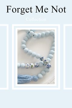 the front and back cover of forget me not collection, featuring blue beads with tassels