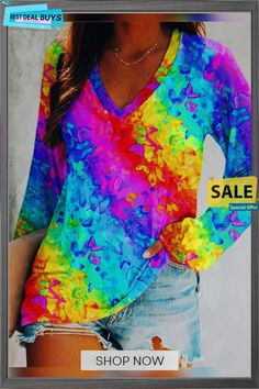 Casual Long Sleeve V Neck Printed Top T-shirt Trendy Long Sleeve T-shirt For Summer, Casual Multicolor Print T-shirt For Spring, Fall Long Sleeve T-shirt With Sublimation Print, Casual Multicolor Print V-neck T-shirt, Multicolor Print V-neck Top For Fall, Casual Long Sleeve Graphic T-shirt, Colorful Casual T-shirt With Letter Print, Spring Long Sleeve Graphic T-shirt, Multicolor Printed Casual Top