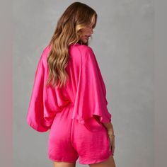 True To Size 100% Polyester Hand Wash Cold, Hang Dry Kimono Sleeve Elastic Waistband Back Tie Satin Fabrication No Closures Not Lined Chic Pink V-neck Sleepwear, Pink V-neck Jumpsuit For Loungewear, Elastic Sleeves, Satin Kimono, Silk Kimono, Kimono Sleeve, Sleeved Romper, Kimono Fashion, Pant Jumpsuit