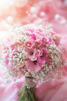 a bouquet of pink flowers sitting on top of a bed of pink and white fabric