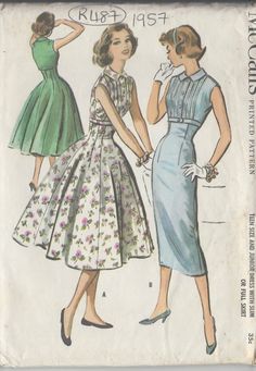 ~ Circa/Date: 1957 ~ Details:   Two style variation DRESS  ~ Size/Measurements (Inches):     ~ Size: 11      ~ BUST: 31 1/2″     ~ Waist: 24 1/2″      ~ Hip: 33 1/2″ ~ Please Note: ~ You are buying a 'Professional Reproduced' copy of this sewing pattern. Copied from the original sewing pattern. Produced in Full Scale Pattern Pieces ready to cut with full instructions included. Reproduced on high quality 50 gm paper with black ink, durable and easier for reuse. Printed by a Professional Printing Company.   ~ With this product comes an accompanying 'Booklet' and inside the Booklet it includes: ~ A 2-page Instructions and Illustrations on 'How to Adjust Your pattern to your Personal Measurement.' ~ Personal Measurement Chart ~ Body Form Illustrations ~ Fitting Checklist ~ Metric Equivalency C 1950 Style, Vintage Vogue Sewing Patterns, 1950 Fashion, Vintage Dress Patterns, Vogue Sewing, Vogue Sewing Patterns, Retro Mode, Easy Sewing Patterns, Couture Vintage