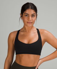 Meet you at yoga This strappy open-back bra is ready for all the ways you move, stretch, and open. Designed for Yoga. Intended for low-impact activities. Pockets for optional, removable cups. Slick and Low-Friction Support, LuxtremeTM Fabric. Free To Be Bra, Running Bra, Lululemon Free, Comfy Bra, Coverage Bras, Gym Fits, Strappy Sports Bras, Lululemon Sports Bra, B Cup