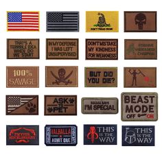 various patches with different sayings on them and an american flag in the middle one