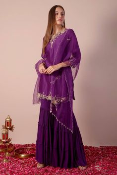 Purple kurta with sequin, bead, cutdana embroidery in floral placement pattern. Paired with tiered gharara and dupatta. - Aza Fashions Placement Pattern, Cutdana Embroidery, Kurta Patterns, Straight Kurta, Beaded Neckline, Bead Set, Set For Women, Aza Fashion, Three Quarter