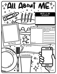 an all about me activity sheet with pictures and text on it, including a phone