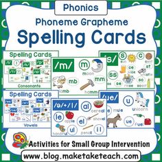 the phonics phoneme and spelling cards are shown in blue, green, and white