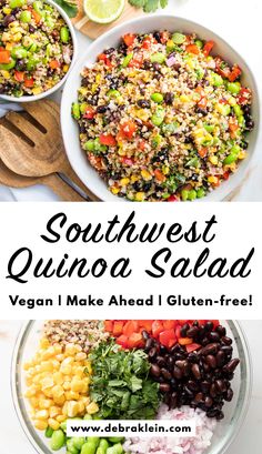 Bowl of Southwest Quinoa Salad with peppers, black beans, corn and edamame with a chopping board with chopped ingredients on the side. Southwest Chickpea Salad, Quinoa Salad Southwest, Southwestern Sides, Southwestern Quinoa Salad, Quinoa Salad Recipes Cold, Southwestern Quinoa, Southwest Quinoa, Southwest Quinoa Salad