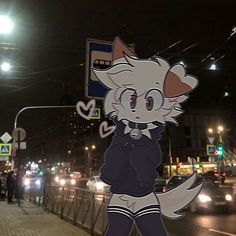 a street sign with an image of a cat on it's face and legs