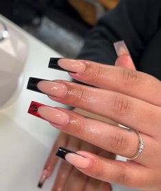 Red And Black French Tip Acrylic Nails, French Tip Nails Red And Black, Red And Black Nails With Initials, Bottom Color Nails, Nail Ideas Red Bottoms, Red And Black Nail Ideas Simple, Red Nails With Black Initial, Red And Black Nails For Wedding, Black And Red French Tip Nails Coffin