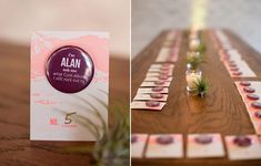 the table is set up with place cards and succulents on them for an event