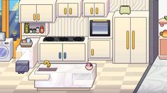 a cartoon kitchen with white cabinets and appliances