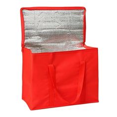 a red bag with silver foil on the inside and bottom, sitting in front of a white background