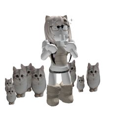 a group of white cats standing next to a woman with glasses on her head and several smaller kittens behind her