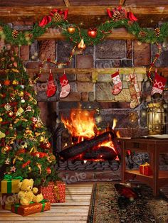 a living room decorated for christmas with a fire place