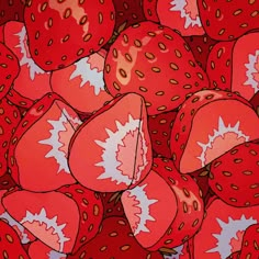 a pile of red strawberries with maple leaf prints on them, all in the same color