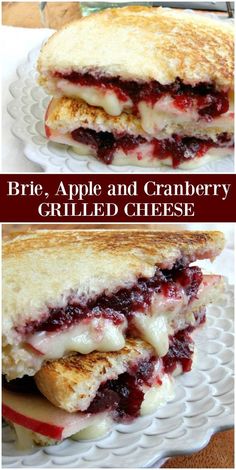 grilled cheese sandwich with apple and cranberry sauce on the side, cut in half