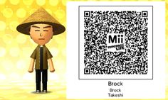 a man with a hat on standing in front of a qr code for mii