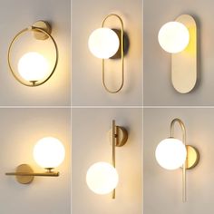 four different angles of a wall light with white balls on the top, bottom and bottom