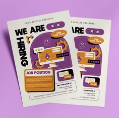 two flyers for we are hiring and job position on a purple background with orange accents