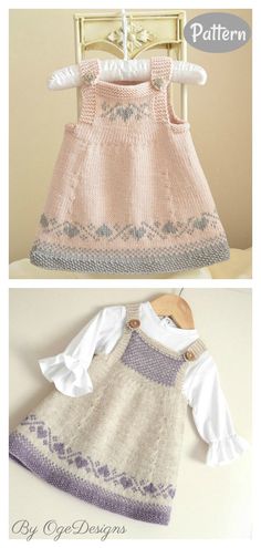 two pictures of the same sweater and dress, one in pink and white with blue trims