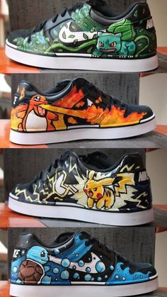 four pairs of shoes painted with cartoon characters on them, all in different colors and sizes