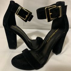 Never Used, Feel Free To Offer The Best Offer! Black High Heel Block Heels With Buckle Closure, Black Block Heels With Buckle Closure Medium Width, Black Block Heels With Buckle Closure For Formal Events, Black Block Heels With Buckle For Formal Occasions, Chic Black Block Heels With Buckle Closure, Black Block Heels With Buckle Closure, Chic Black Heels With Buckle Closure, Black Suede Ankle Strap Heels, Black Suede Block Heel Shoes