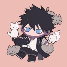 an anime character with black hair and blue eyes, holding two cats in his hands