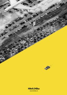 an aerial view of cars, trucks and planes in black and white on a yellow background