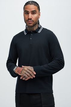 Model Height: 6'2 - Wearing Large Big & Tall: Height 6'3- Wearing XXXL Available In Black, Olive, Camel, Purple, White, Grey, And Navy Fold Down Collar 3 Button Closure Long Sleeve 100% Cotton Imported | Mens Wilson Long Sleeve Polo in Black size Large by Fashion Nova Black Winter Top With Striped Collar, Black Top With Striped Collar For Winter, Winter Black Top With Striped Collar, Black Long Sleeve Cotton Polo Shirt, Black Cotton Long Sleeve Polo Shirt, Streetwear Top With Striped Collar, Black Casual Polo Shirt With Striped Collar, Casual Black Polo Shirt With Striped Collar, Black Collared Polo Shirt For Winter